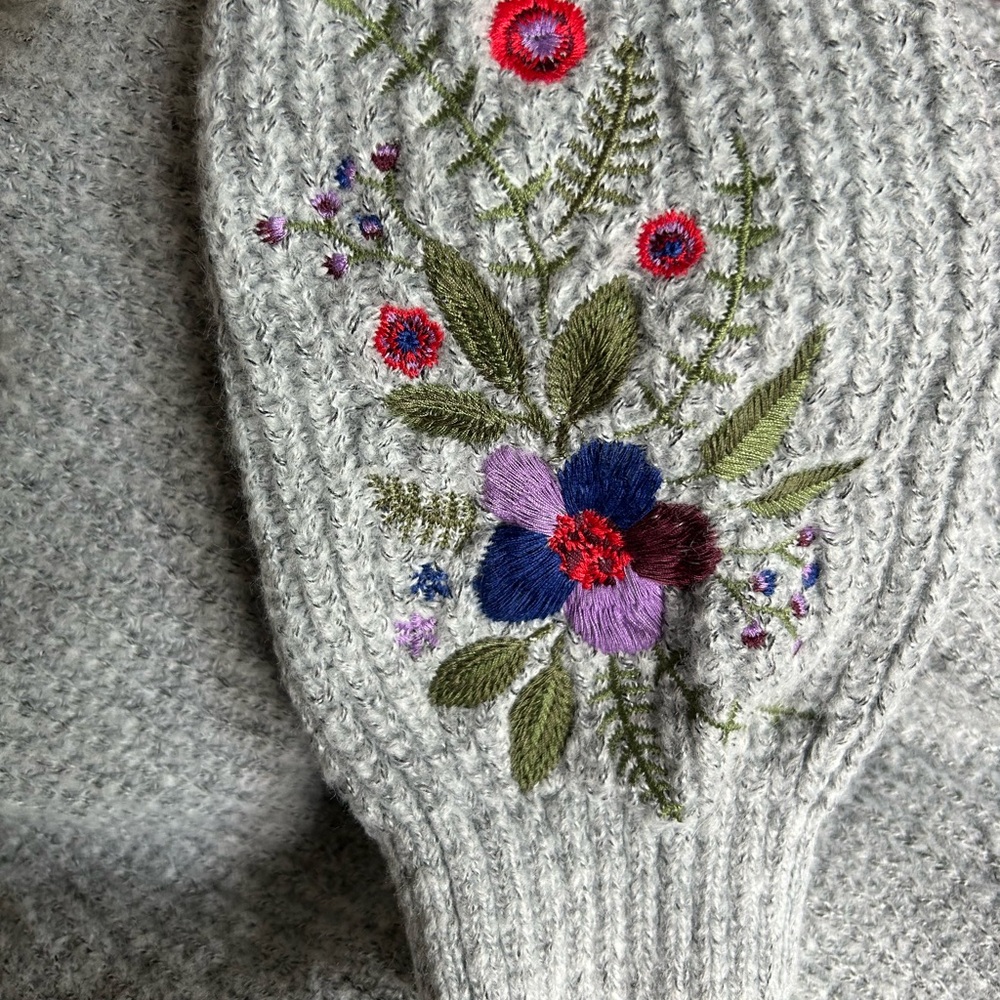 Gray Knit Cardigan with Floral Embroidery